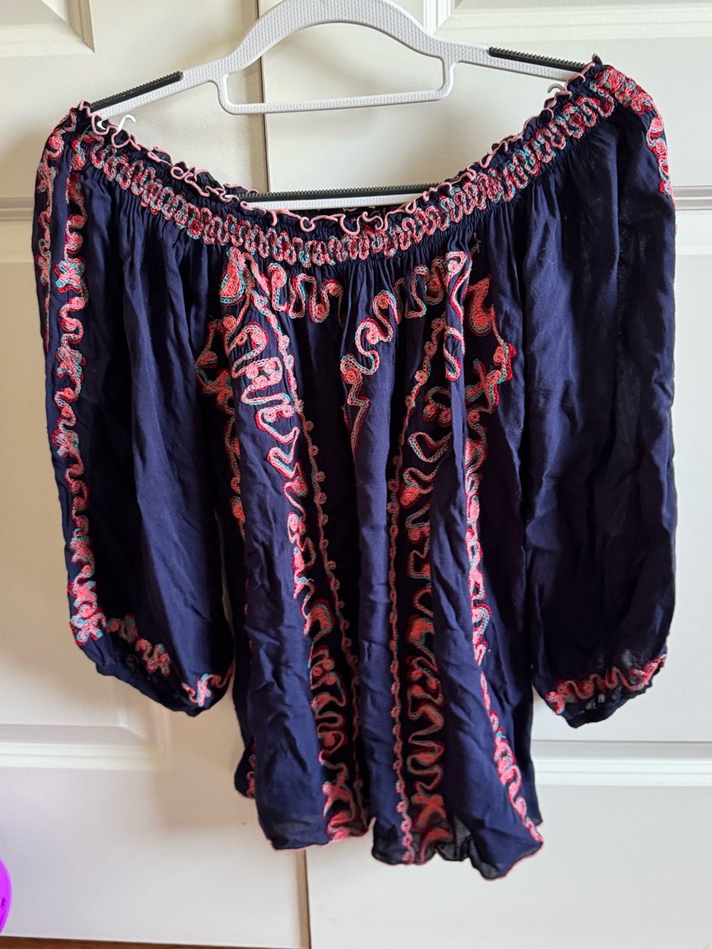 Poupette St. Barth Navy Off-Shoulder Tunic with Pink Embroidery